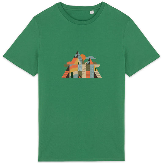 Gros plan sur motif géométrique montagne, sapin et rivière en couleurs naturelles