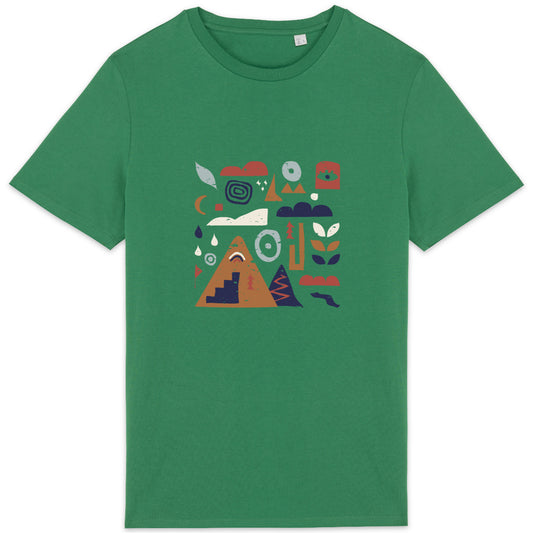 T-shirt Nature & Dénivelé avec dessin coloré de montagnes et sentiers, effet craquelé vintage.