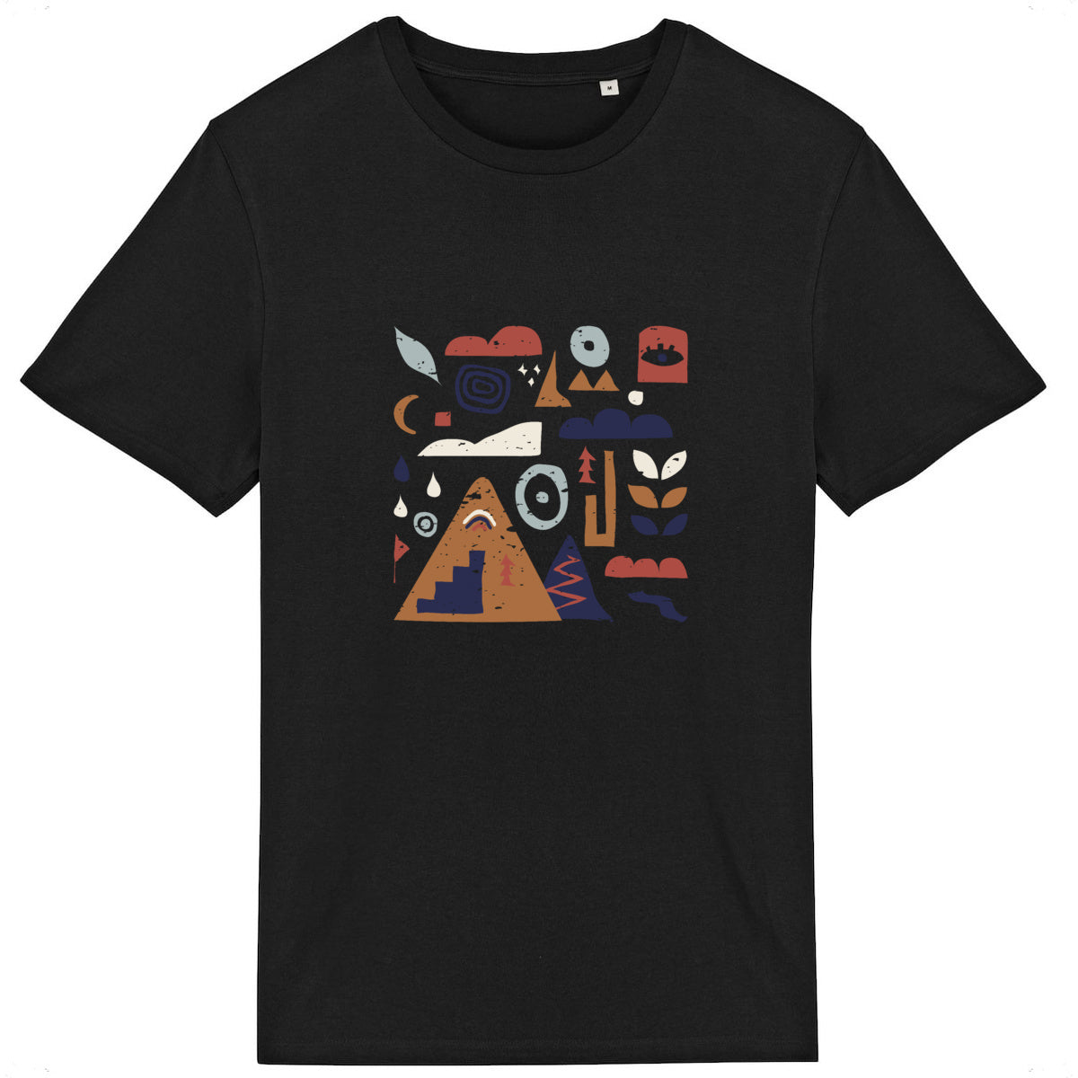 Détail du design T-shirt Sortie Longue : nuages, topographie et arbres stylisés.