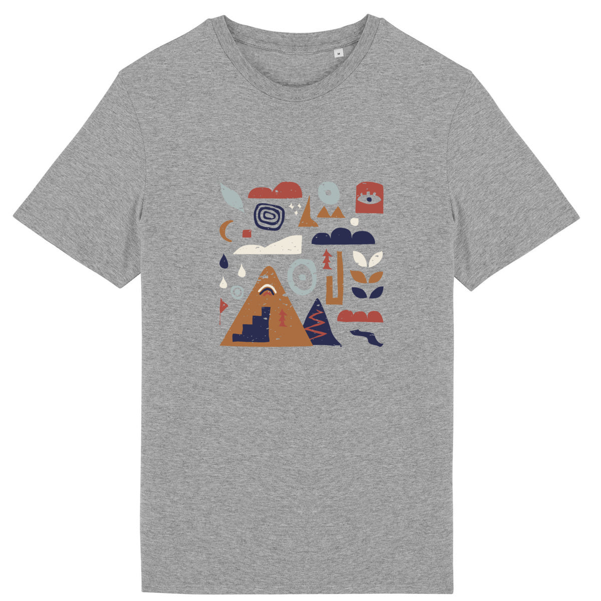 Zoom sur impression craquelée du T-shirt Nature & Dénivelé, style fait main.