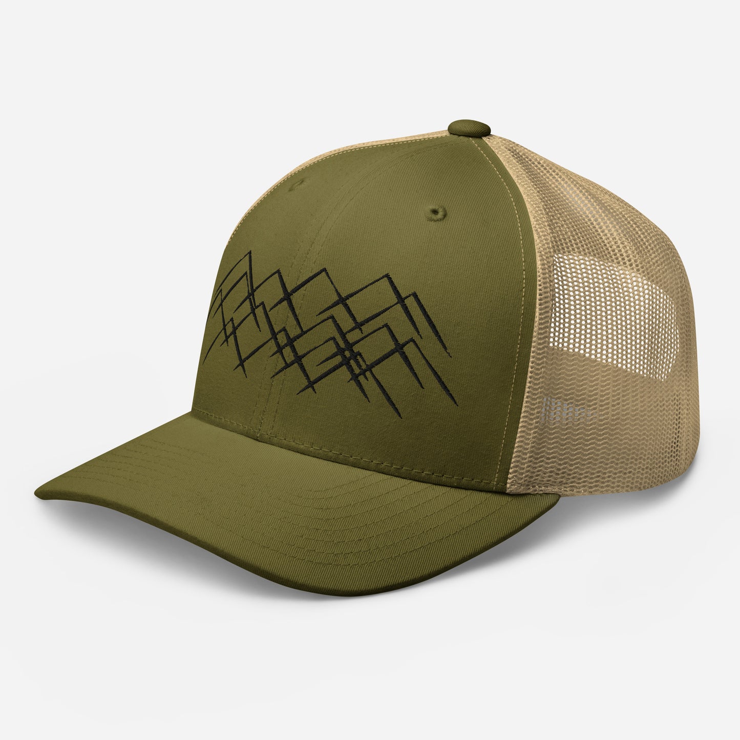 Casquette vert kaki Trucker avec broderie Montagnes pour aventure en nature.