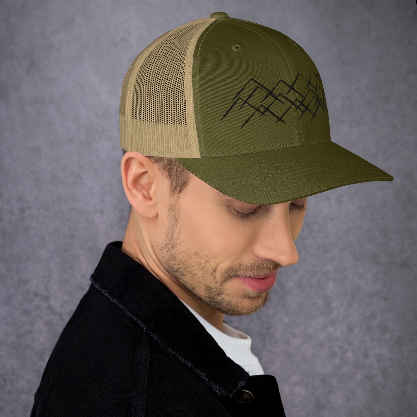 Casquette vert kaki avec motif montagne pour explorateurs.