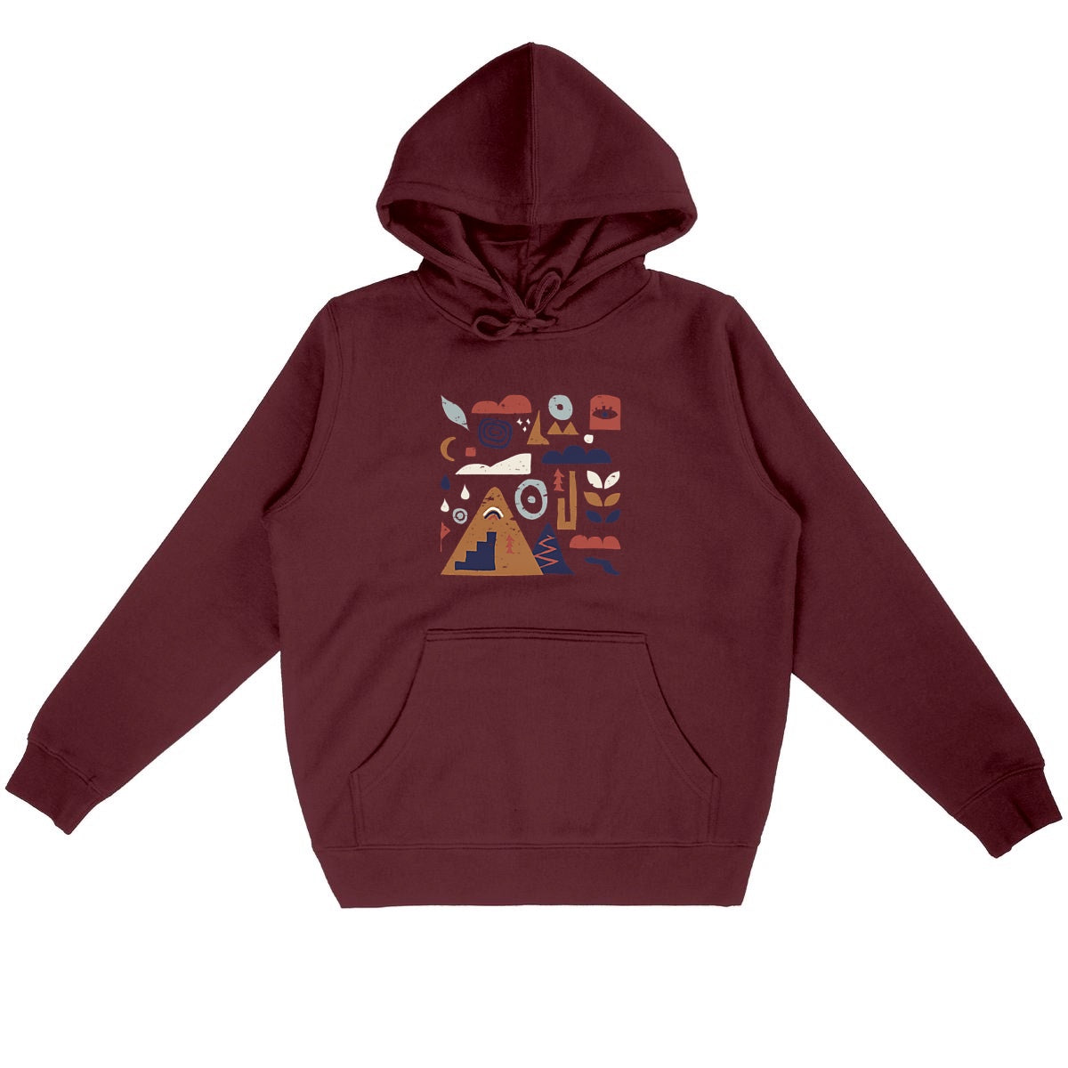 Sweat à capuche unisexe Sortie Longue bordeaux, vue de face, design Nature & Dénivelé dessiné à main levée, inspiration terrain et dénivelé.