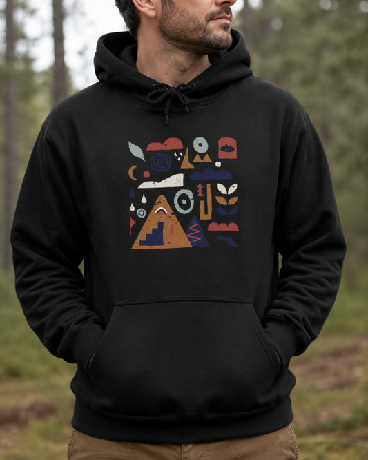 Sweat à capuche noir Nature & Dénivelé Sortie Longue avec visuel outdoor imprimé sur le devant
