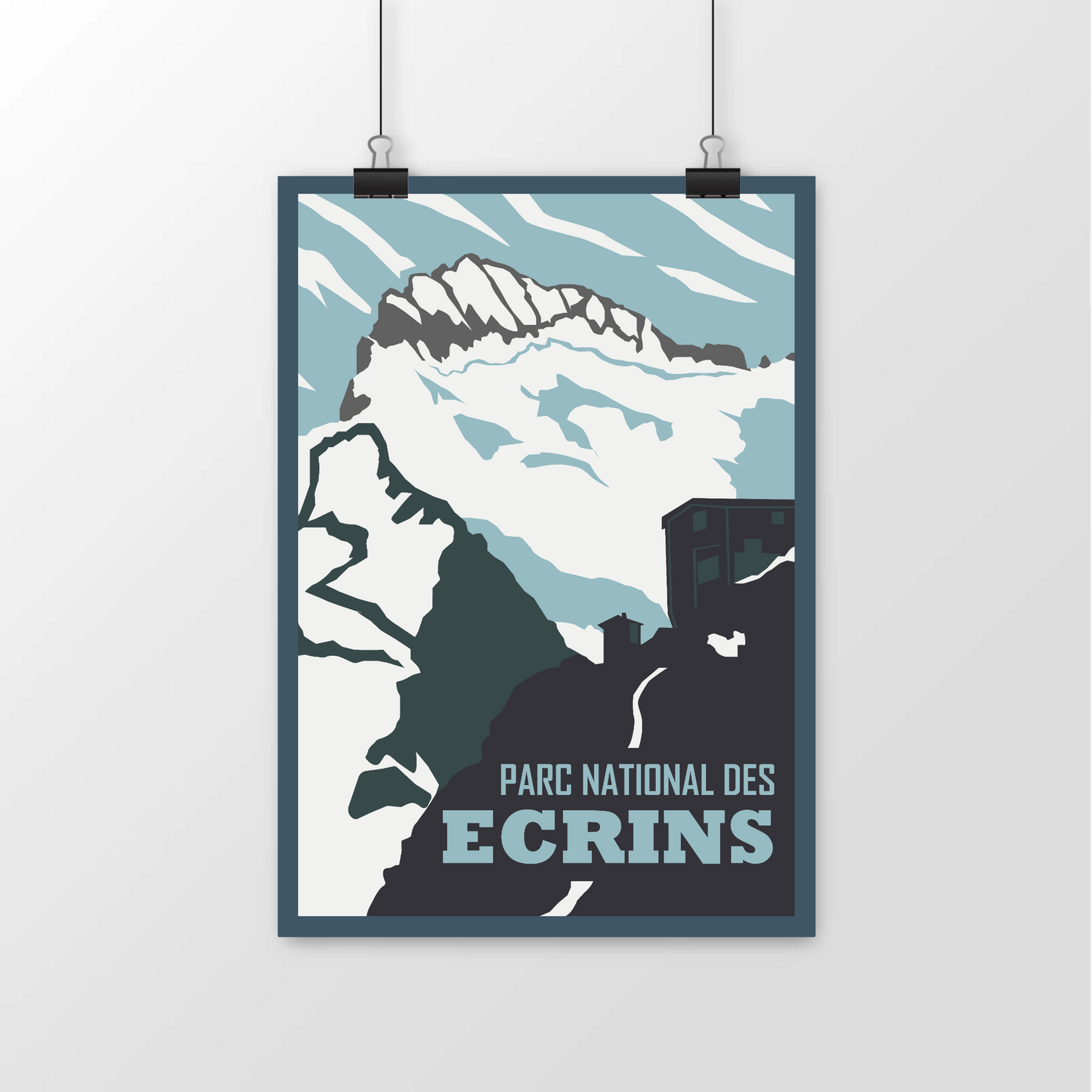 Affiche « Parc national des Écrins » Sortie Longue suspendue sur fond neutre ; poster montagne vintage, déco murale nature pour intérieur minimal.