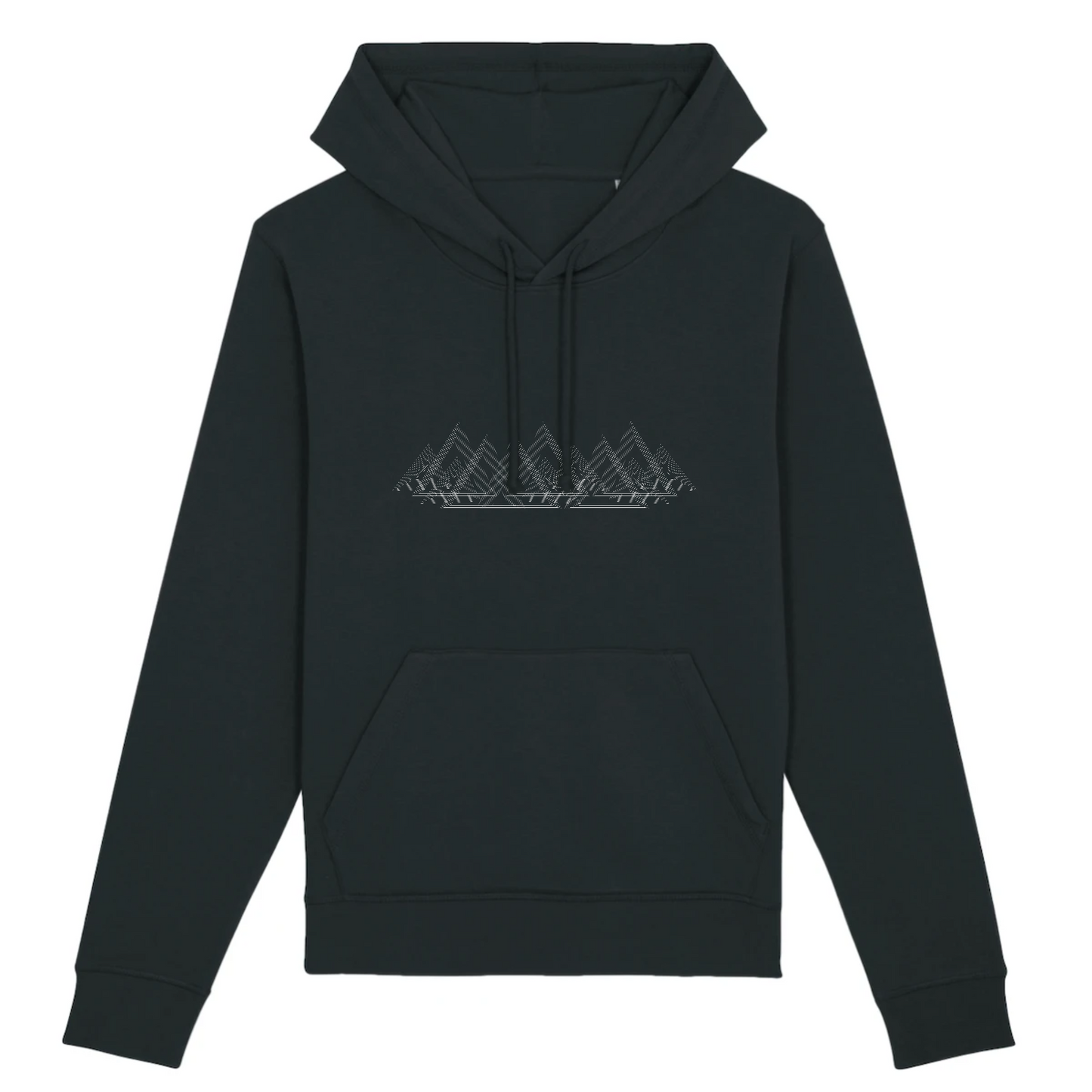 Sweat à capuche unisexe noir Sortie Longue, vue de face sur fond neutre, design montagnes minimalistes en lignes fines type courbes de niveau, hoodie de montagne pour approche, pause et fin de journée.