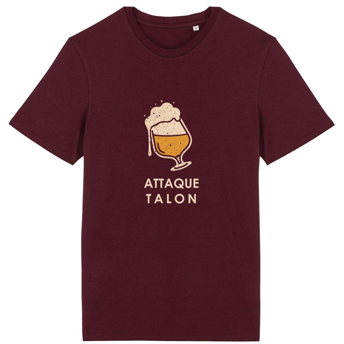 T-shirt Sortie Longue bordeaux, vue de face, design « Attaque Talon » imprimé, verre stylisé incliné; t-shirt unisexe pour ville et quotidien.