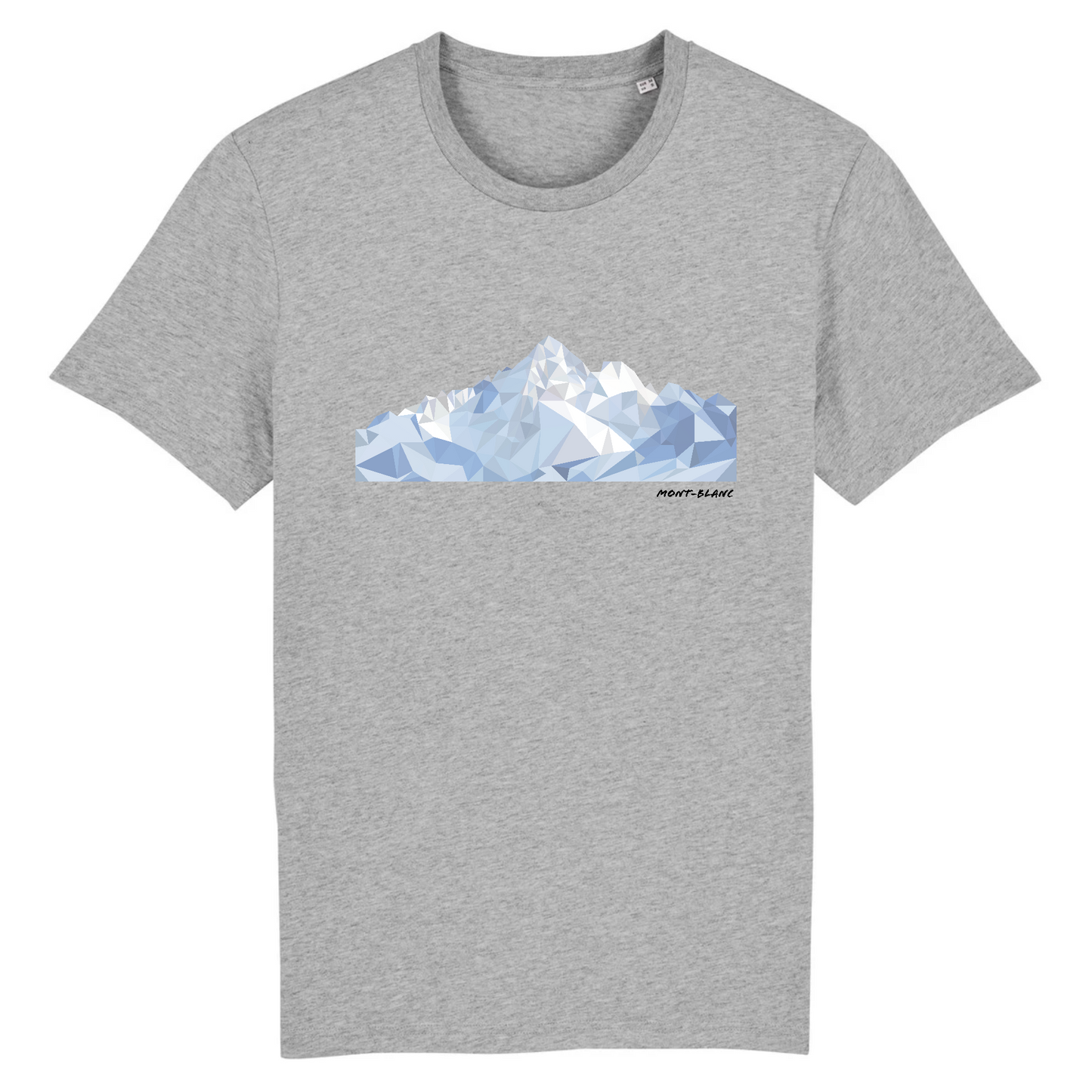 T-shirt unisexe Sortie Longue gris chiné, vue de face, impression Mont-Blanc low poly au centre, facettes géométriques et contraste neige/ombre, vêtement outdoor montagne avant ou après la sortie.