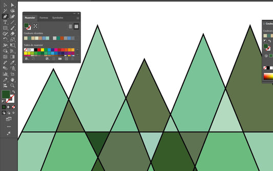 Formes triangulaires inspirées des montagnes, des forêts et du relief, utilisées dans l’univers graphique de Sortie Longue.