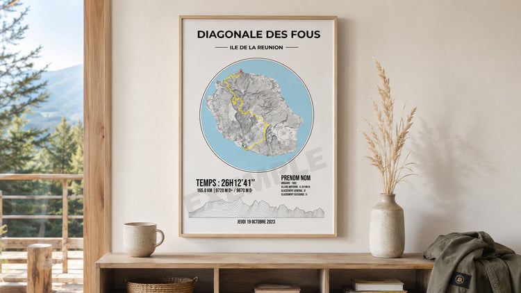 Affiche personnalisée trail Diagonale des Fous encadrée dans un intérieur naturel, avec carte de La Réunion, trace GPS, temps de course et profil d’altitude.