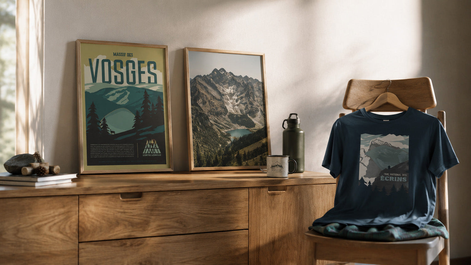 Affiche Massif des Vosges encadrée avec t-shirt montagne Sortie Longue, décor bois et ambiance outdoor inspirée des massifs, parcs et sommets.