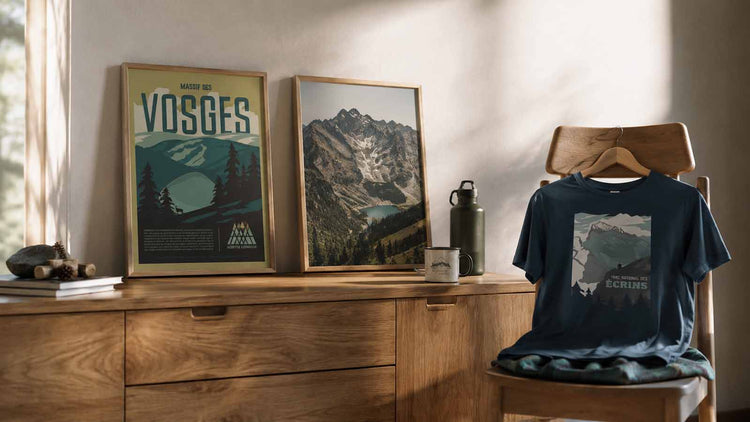 Affiche Massif des Vosges encadrée avec t-shirt montagne Sortie Longue, décor bois et ambiance outdoor inspirée des massifs, parcs et sommets.