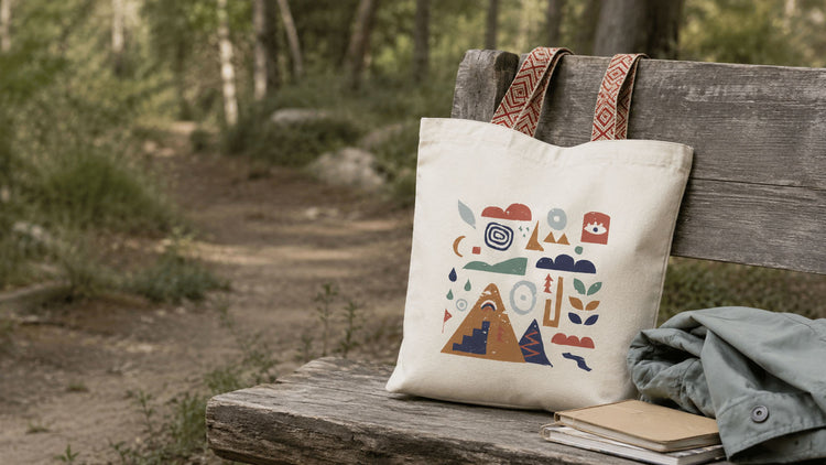 Sac tote bag coton recyclé Sortie Longue avec visuel nature et montagne, posé sur un banc en bois en forêt, accessoire outdoor pour randonnée et vie dehors.