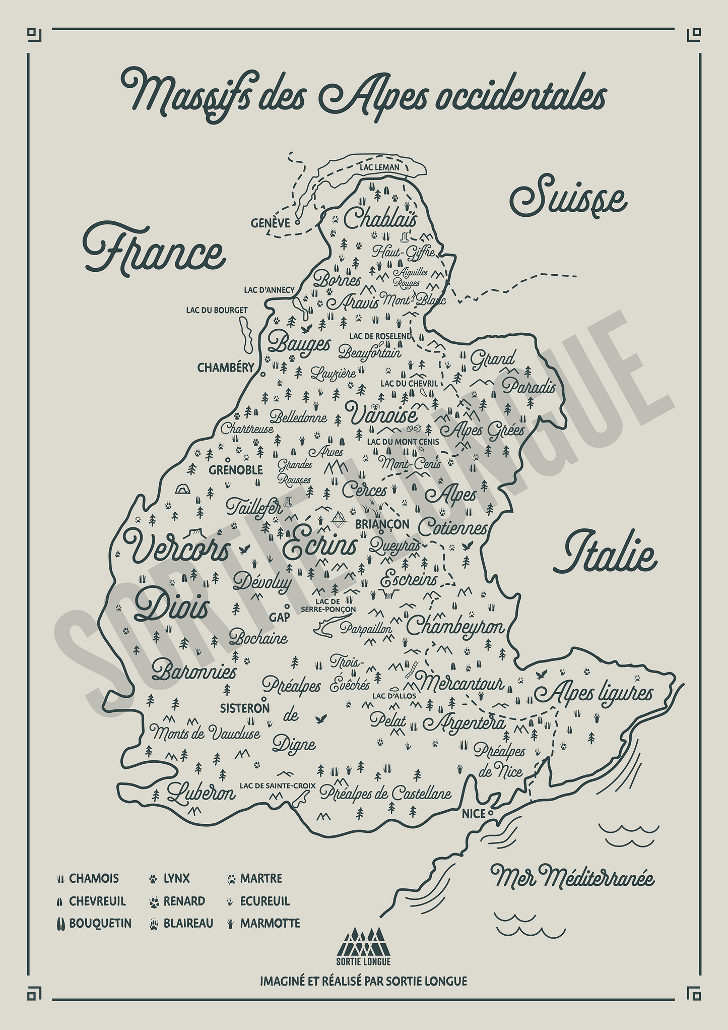 Visuel complet de l’affiche « Alpes occidentales » Sortie Longue : carte illustrée des massifs alpins, lacs, villes repères et empreintes de faune, poster topo/cartographie.