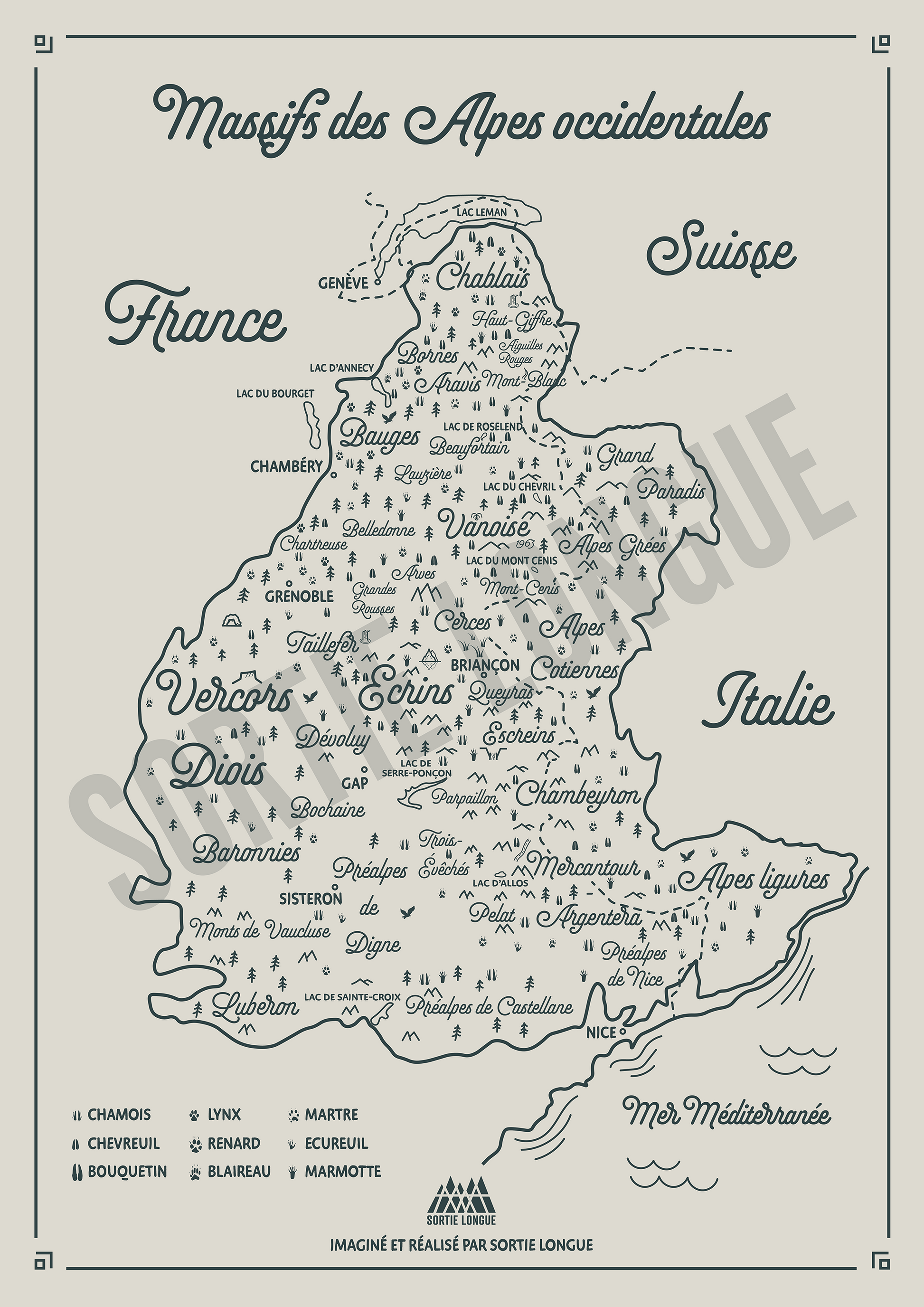 Visuel complet de l’affiche « Alpes occidentales » Sortie Longue : carte illustrée des massifs alpins, lacs, villes repères et empreintes de faune, poster topo/cartographie.