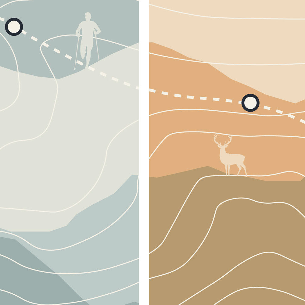 Détail de l’affiche Sortie Longue montrant une portion du visuel avec relief, courbes topo et ciel clair, représentant une condition de progression de jour.