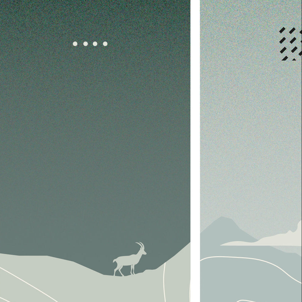 Détail de l’affiche Sortie Longue mettant en évidence une trace ponctuée et une silhouette animale sur un relief montagneux, illustration de la progression sur le terrain.