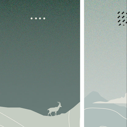 Détail de l’affiche Sortie Longue mettant en évidence une trace ponctuée et une silhouette animale sur un relief montagneux, illustration de la progression sur le terrain.