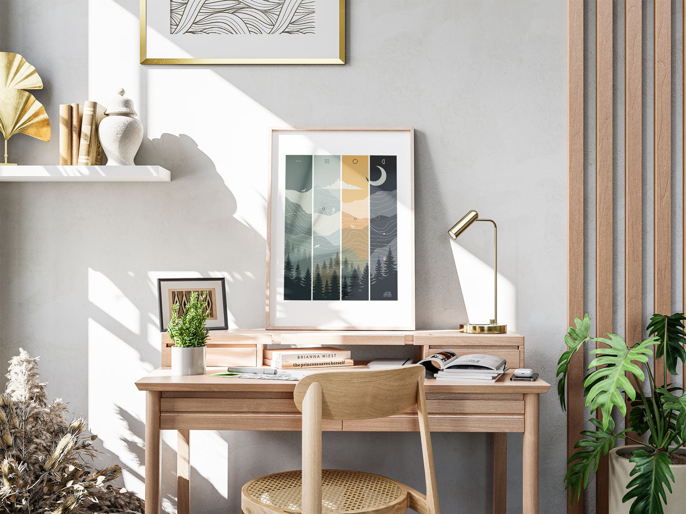 Affiche illustrée Sortie Longue encadrée dans un espace de travail, visuel montagne montrant différentes conditions de progression, entre jour, nuit et météo.