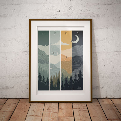 Affiche illustrée Sortie Longue représentant différentes conditions de progression en montagne, encadrée et posée au sol contre un mur brut, avec parquet en bois.