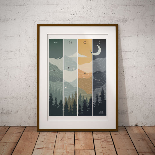 Affiche illustrée Sortie Longue représentant différentes conditions de progression en montagne, encadrée et posée au sol contre un mur brut, avec parquet en bois.