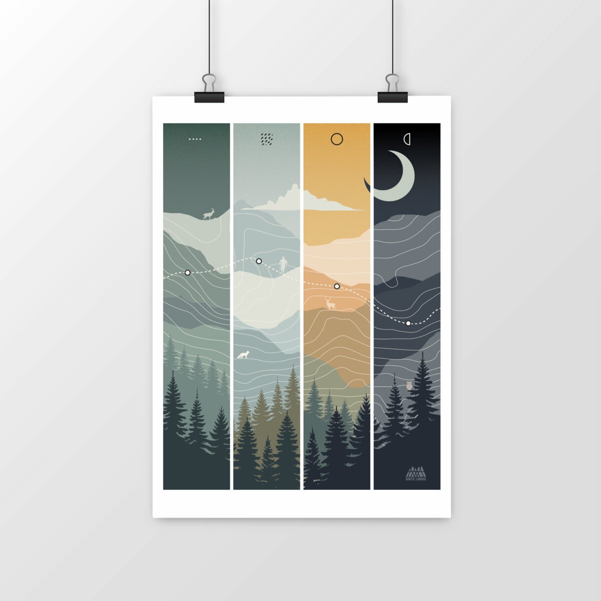 Affiche illustrée Sortie Longue suspendue par deux pinces, visuel structuré autour de la progression en montagne sous différentes conditions de jour, nuit et météo.