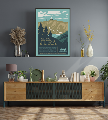 Poster « Massif du Jura » Sortie Longue accroché au-dessus d’un buffet avec plantes ; affiche déco montagne, intérieur chaleureux, cadeau pour amoureux du Jura.