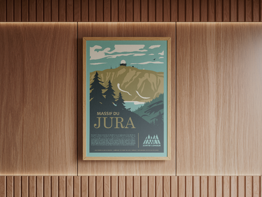Affiche « Massif du Jura » Sortie Longue encadrée sur mur en bois ; poster montagne Jura style vintage, déco murale nature pour salon, idée cadeau à offrir.