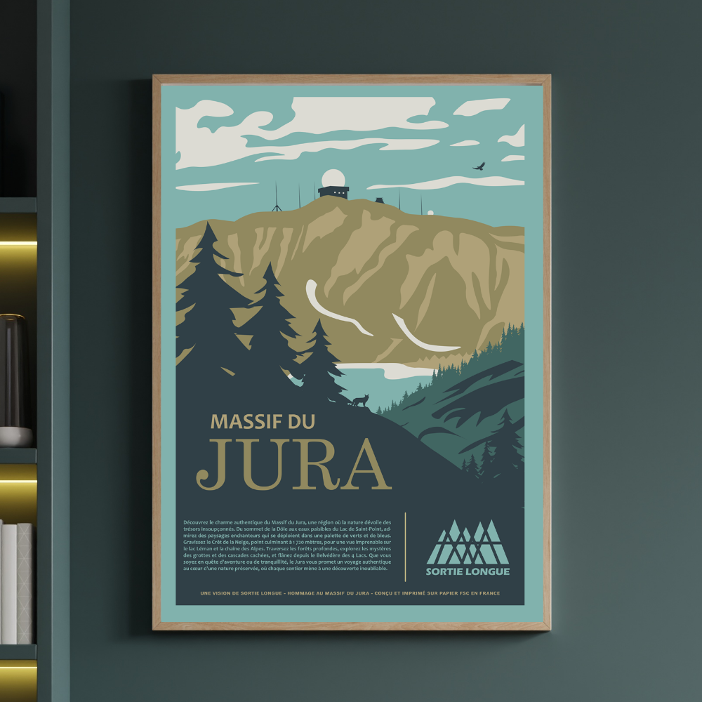 Visuel du poster « Massif du Jura » Sortie Longue ; affiche montagne Jura au graphisme vintage, typographie JURA, reliefs et forêt, décoration murale nature.