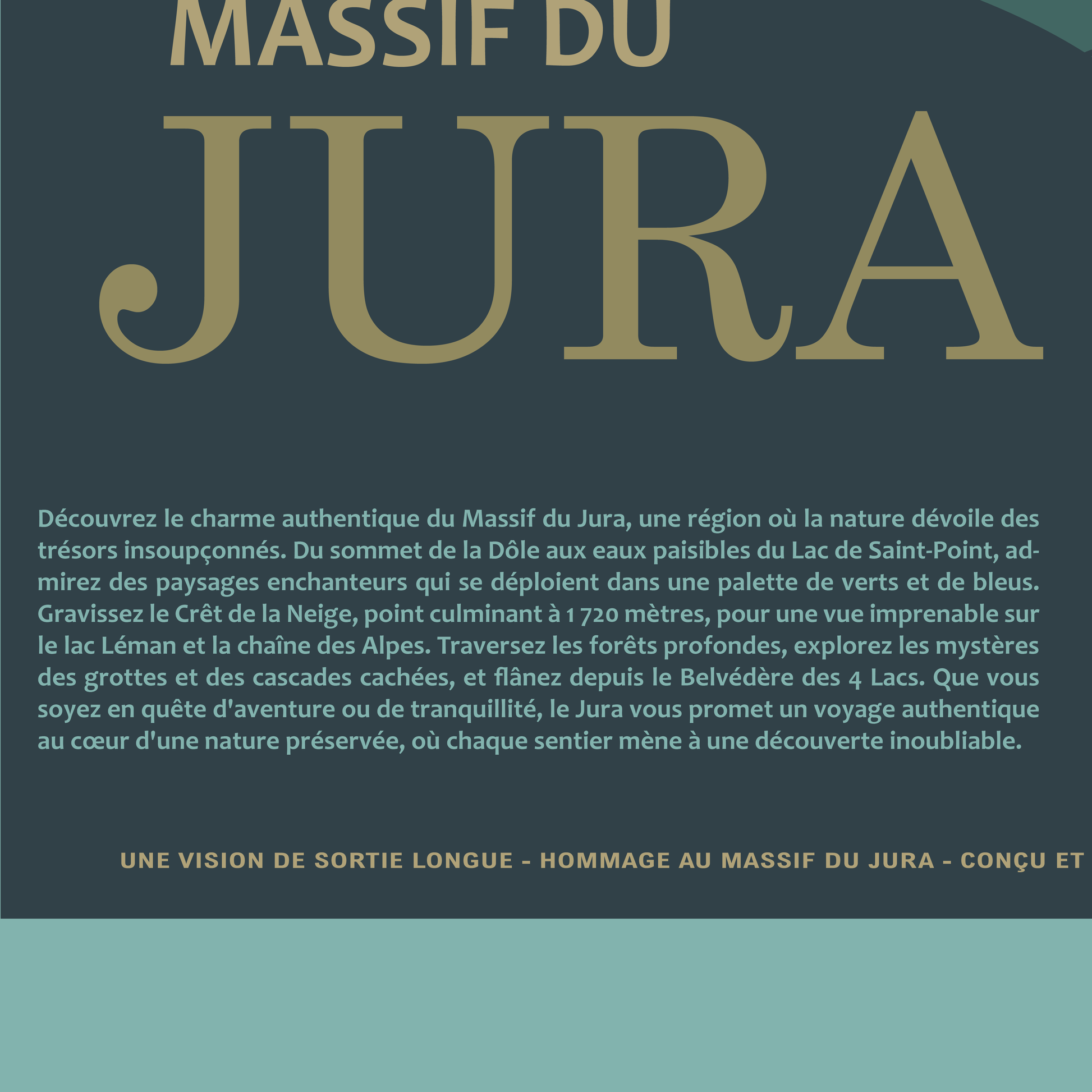 Détail du bloc texte de l’affiche « Massif du Jura » Sortie Longue ; typographie et texte descriptif, poster montagne vintage, finition graphique.