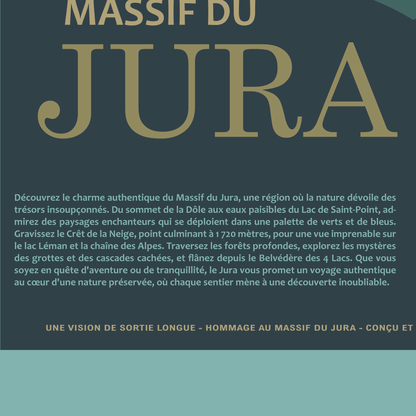 Détail du bloc texte de l’affiche « Massif du Jura » Sortie Longue ; typographie et texte descriptif, poster montagne vintage, finition graphique.