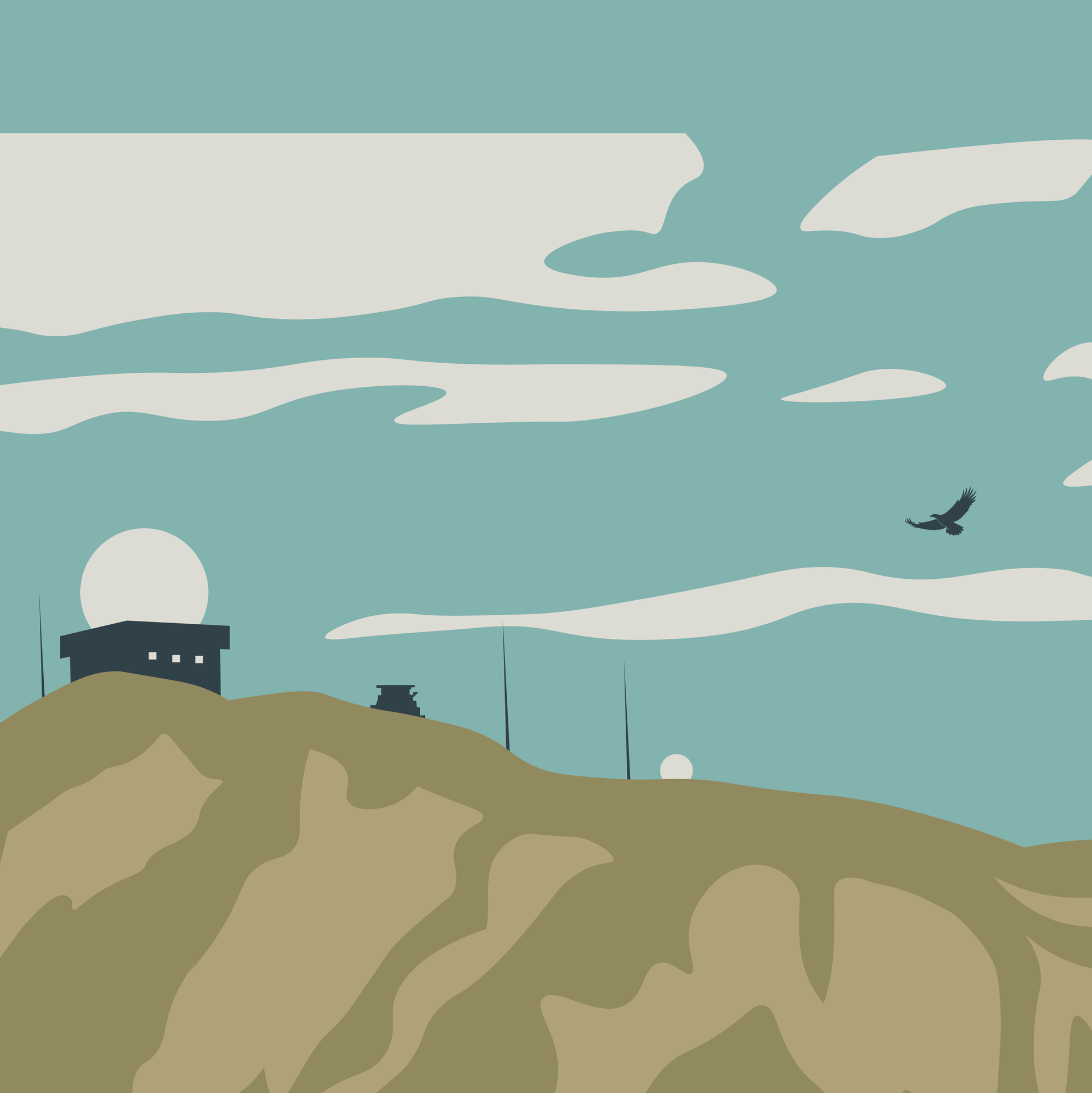 Détail de l’illustration du poster Massif du Jura Sortie Longue : ciel stylisé, reliefs et avant-plan ; affiche montagne vintage, style randonnée.