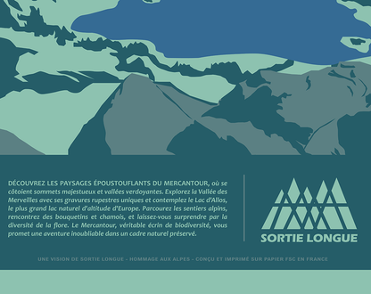 Gros plan sur le design de l’affiche Mercantour Sortie Longue : aplats de montagnes, lac, zone texte et pictogrammes ; illustration lac d’Allos, poster randonnée Alpes du Sud.