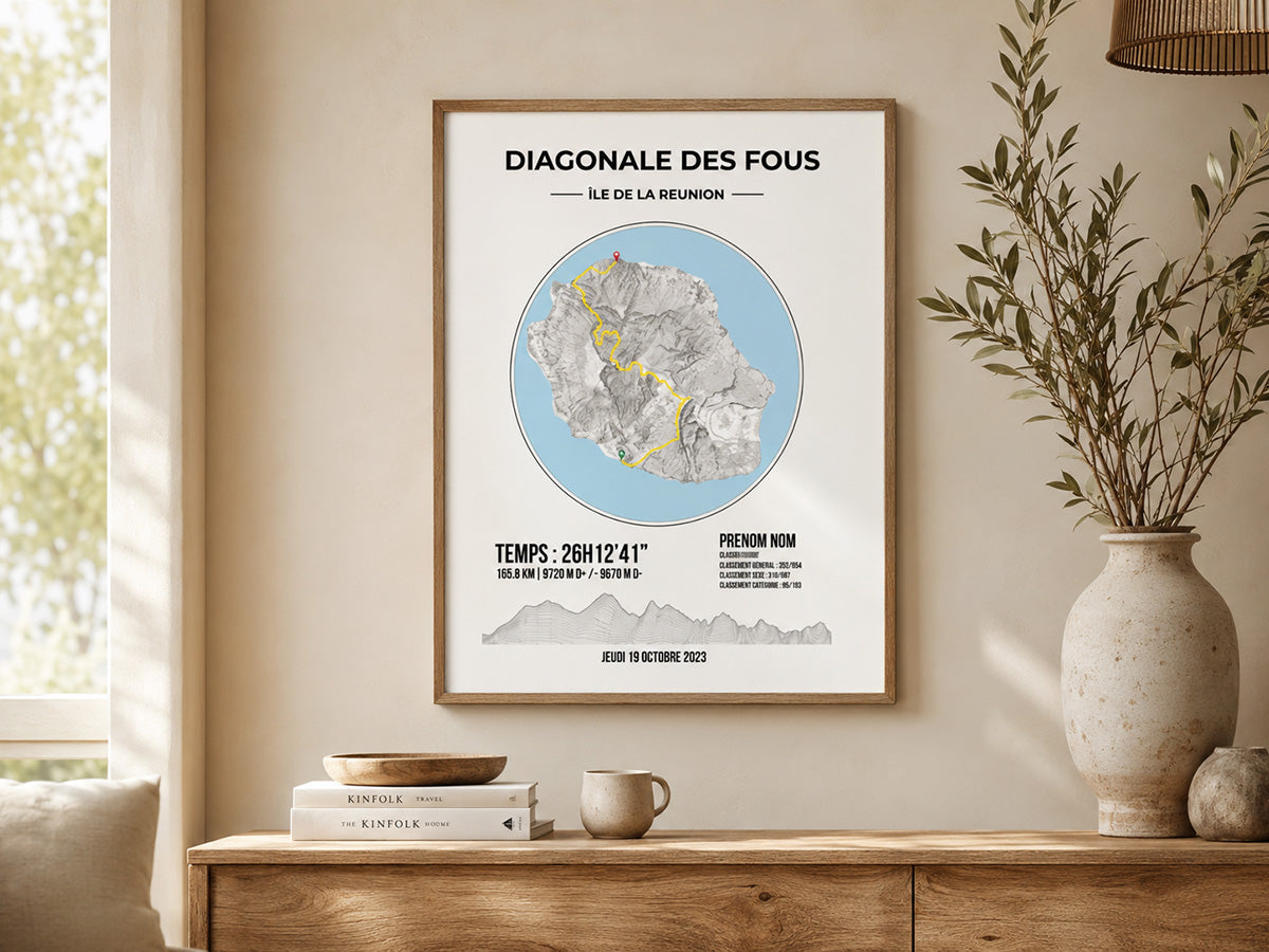Affiche personnalisée Diagonale des Fous encadrée sur mur clair, avec carte de La Réunion, trace du parcours et données de course.

