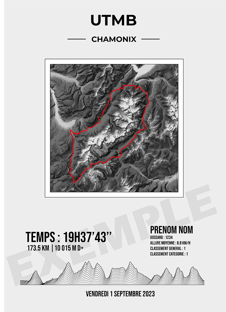 Poster trail personnalisé Sortie Longue : UTMB Chamonix, carte noir et blanc avec trace rouge, profil altimétrique et informations de course ; affiche souvenir ultra, idée cadeau pour trailer.
