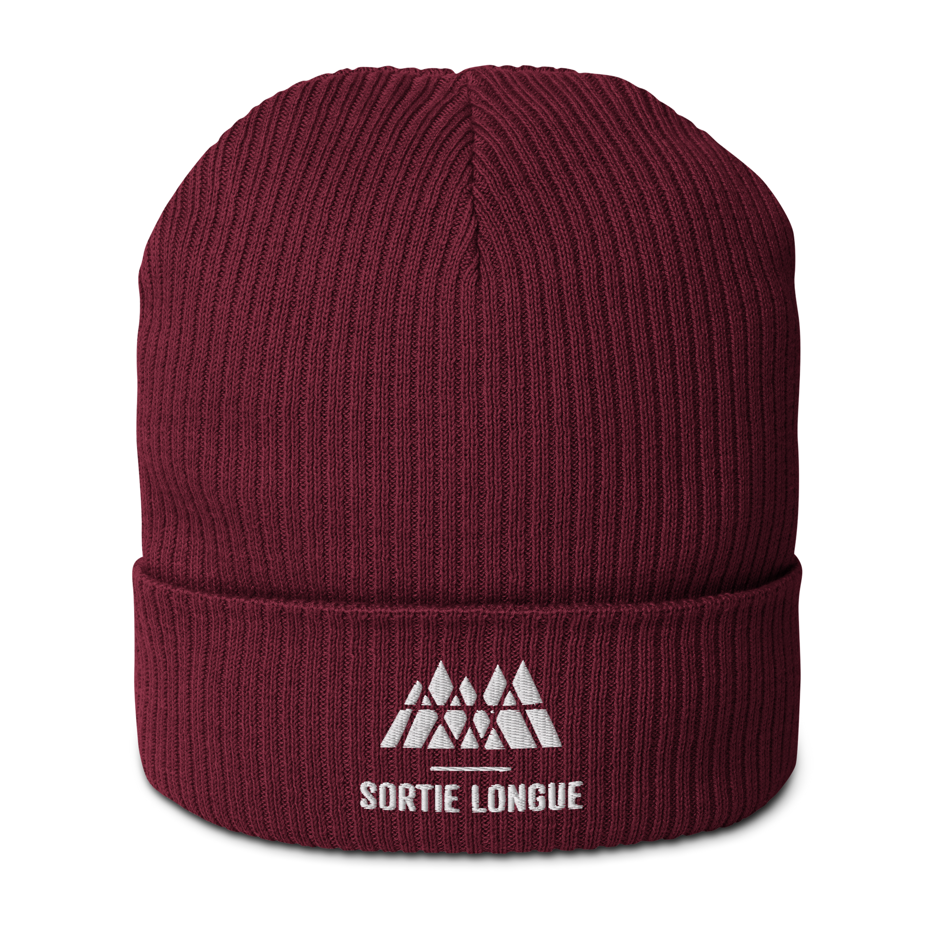 Bonnet tricoté Sortie Longue coloris burgundy photographié en studio, coton biologique et logo brodé visibles.
