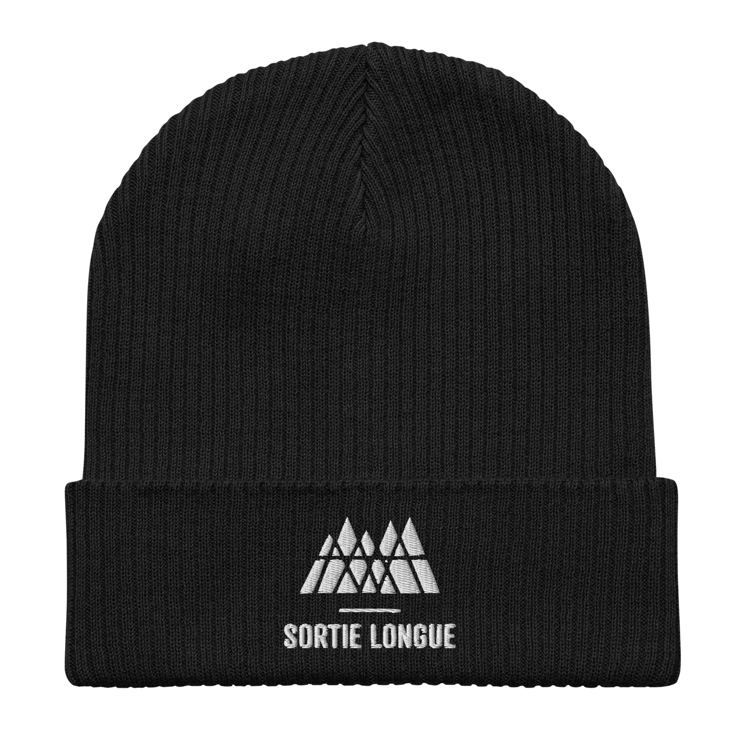 Bonnet tricoté Sortie Longue noir photographié en studio, coton biologique et broderie du logo Sortie Longue visibles.