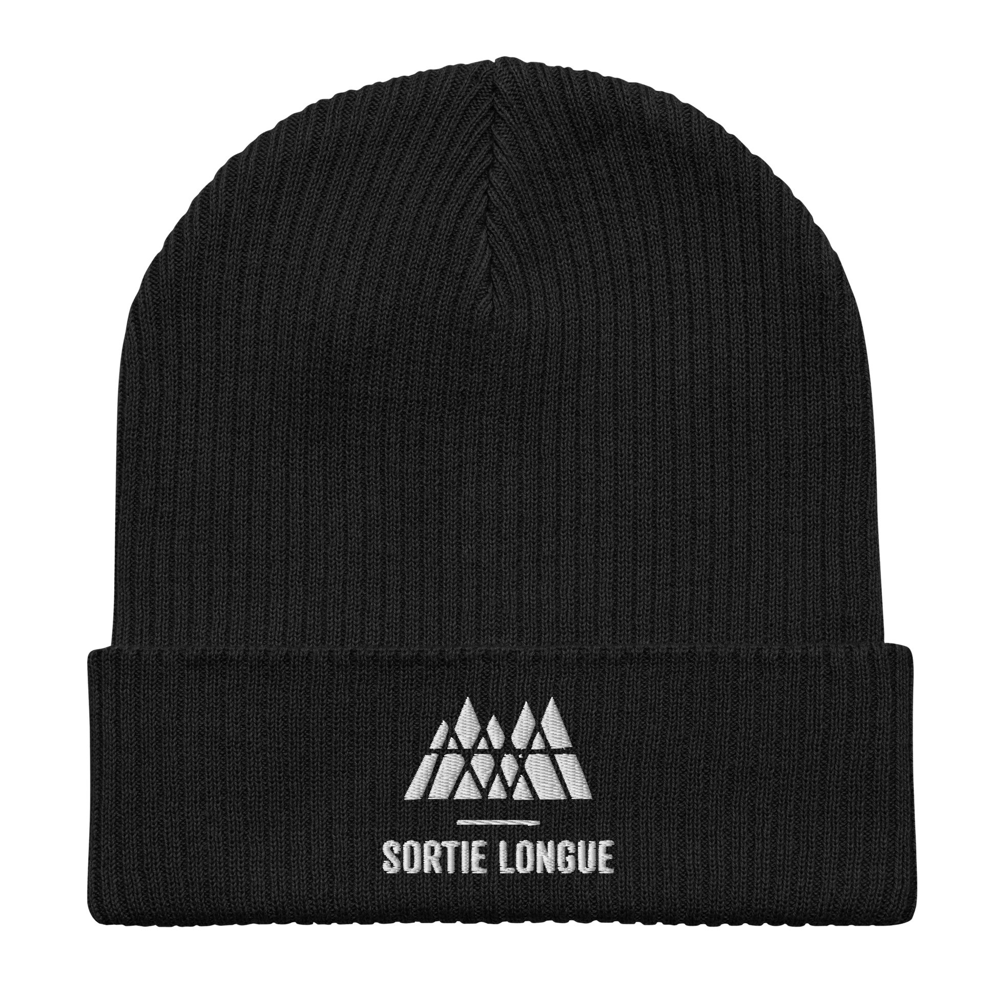 Bonnet tricoté Sortie Longue noir photographié en studio, coton biologique et broderie du logo Sortie Longue visibles.