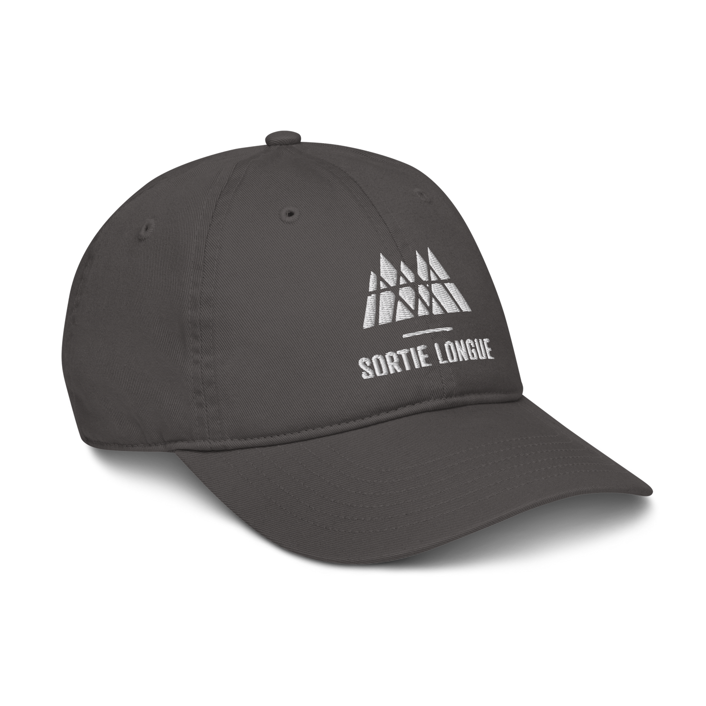 Casquette classique Sortie Longue anthracite photographiée en angle, forme et broderie visibles.