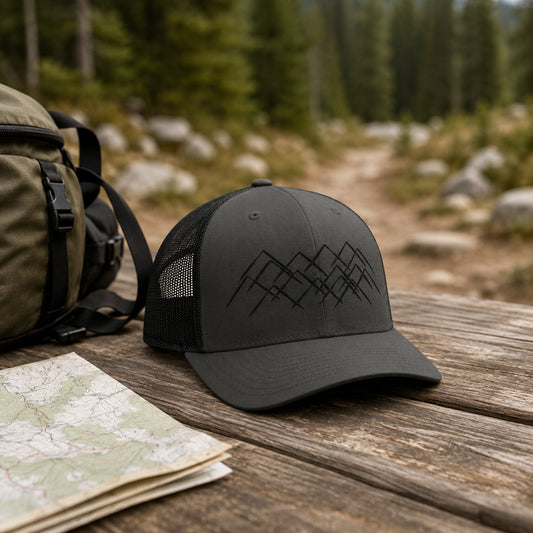 Casquette trucker Montagnes minimalistes Sortie Longue posée près d’un sac et d’une carte topo sur une table en bois, ambiance sentier et randonnée