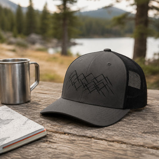 Casquette trucker Montagnes minimalistes Sortie Longue posée sur une table en bois avec mug inox et carnet de randonnée, ambiance lac et plein air