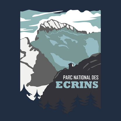 Illustration du refuge des Écrins, barre des Écrins et Glacier Blanc sur t-shirt durable