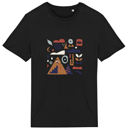 Détail du design T-shirt Sortie Longue : nuages, topographie et arbres stylisés.