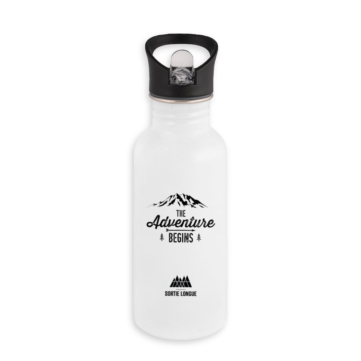 Bouteille inox randonnée, trekking et activités outdoor – Écoresponsable.
Visuel inspirant "The Adventure Begins" sur une bouteille inox blanche.