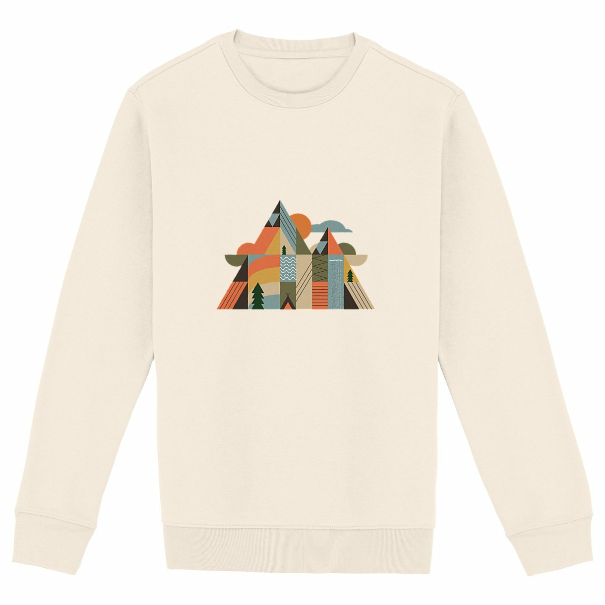 Gros plan sur le design géométrique montagne, soleil, sapins et rivière en tons naturels