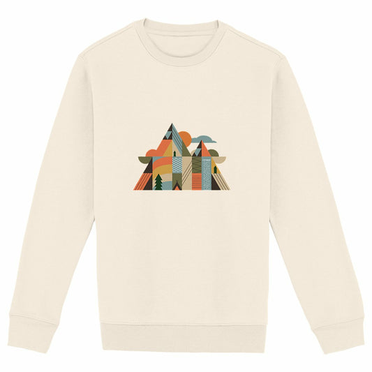 Gros plan sur le design géométrique montagne, soleil, sapins et rivière en tons naturels