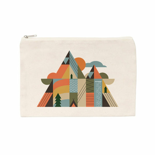 Détail du visuel géométrique montagne, soleil, sapin et rivière en couleurs naturelles