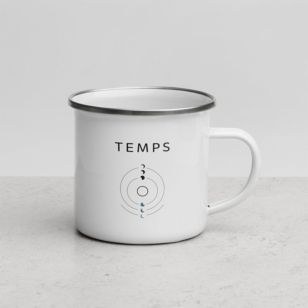 Face avant du mug Temps avec design lunaire minimaliste, cercles fins et phases de lune sur fond clair.