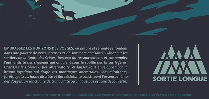 Détail imprimé du poster Vosges Sortie Longue : bas du visuel avec reliefs, texte et pictogrammes ; illustration lac des Corbeaux, affiche montagne au graphisme vintage.