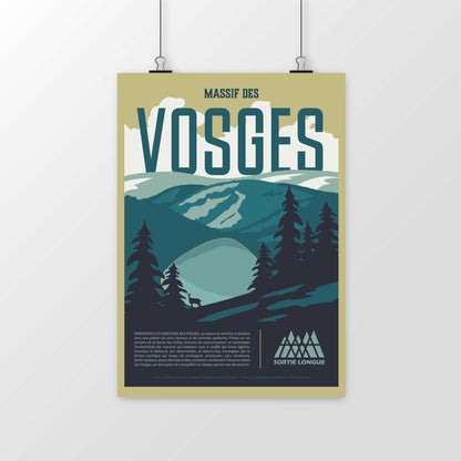 Poster « Massif des Vosges » Sortie Longue présenté seul ; illustration lac des Corbeaux, forêt et crêtes, affiche paysage montagne à encadrer, cadeau nature.